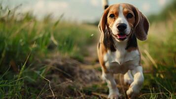 beagle hund gående genom gräs i natur med en söt uttryck och bokeh bakgrund foto