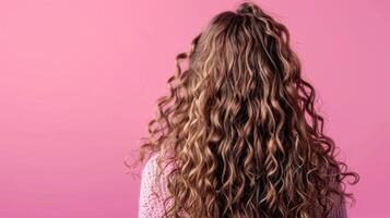 lockar och vågig frisyr porträttera en kvinnas skönhet i mode med noggrann hårvård foto