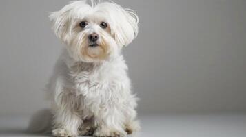 porträtt av en vit fluffig maltese hund, en söt och små renrasig sällskapsdjur Sammanträde inomhus foto