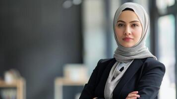 professionell kvinna advokat i hijab utstrålar förtroende och företag skarpsinnighet i företags- kontor miljö foto