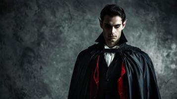 vampyr i kostym poser dramatiskt föreslår en gotik halloween karaktär fantasi i de mörk foto