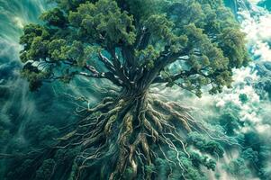 majestätisk yggdrasil träd av liv rotad i Nordisk mytologi och fantasi med gammal mystisk rötter foto