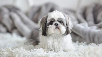 porträtt av en lugn shih tzu hund som visar dess hårig och förtjusande kvaliteter medan Sammanträde inomhus foto