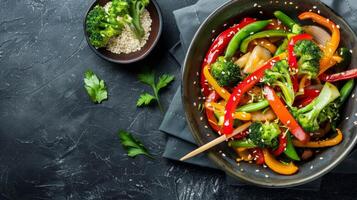 stek grönsaker med broccoli, peppar, morot, och sesam frön eras med ätpinnar på en gourmet tallrik foto