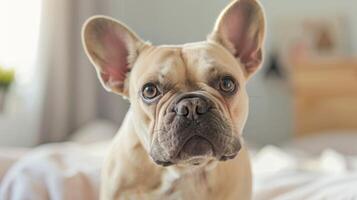 närbild porträtt av en söt franska bulldogg med uppmärksam ögon och mjuk fawn päls foto