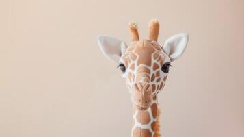 söt giraff plysch leksak med mjuk tyg och lekfull ögon på en pastell barnkammare bakgrund foto