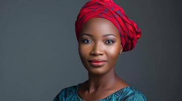 nigerian kvinna med röd huvudbonad förkroppsligar skönhet, elegans, och kulturell mode i en lugn porträtt foto