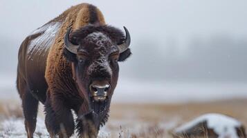 majestätisk bison i vinter- med snö, visa upp dess päls, kall miljö och robust horn i natur foto