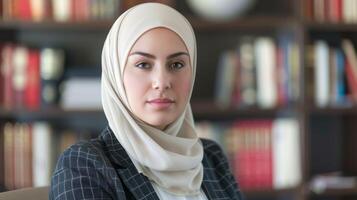 advokat i hijab utstrålar förtroende och professionalism i kontor miljö med elegant porträtt och suddig bokhylla bakgrund foto
