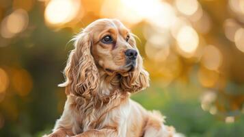 gyllene ljus tänds ett höstlig porträtt av en cockerspaniel spaniel hund med en bokeh bakgrund foto