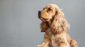 porträtt av en brun cockerspaniel spaniel hund med mjuk päls och uttrycksfull ögon Sammanträde inomhus foto