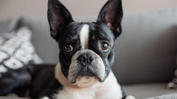 närbild porträtt av en söt svart och vit boston terrier hund med uppmärksam ögon och uttrycksfull öron Sammanträde inomhus foto