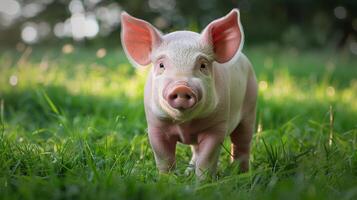 söt gris i grön gräs ställer ut natur, djur- locka med en närbild av en bebis däggdjur foto