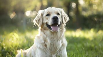 gyllene retriever hund åtnjuter solsken i natur med Lycklig uttryck och frodig gräs foto