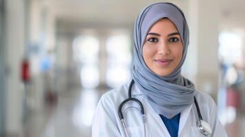 kvinna sjukvård professionell i hijab innehar stetoskop självsäkert i sjukhus miljö foto
