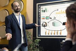 förvaltning team utvecklande ny avgörande omvandling strategier i en styrelserum konferens, förstärkning operativ prestanda och effektivitet. arbetare förbättra organisation arbetsflöde. foto