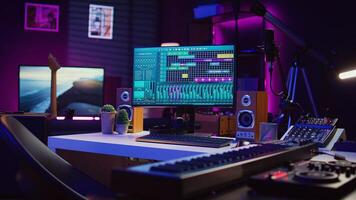 tömma studio på Hem utrustad med blandning soundboard panel och Övrig musikalisk instrument, musik industri inspelning. modern Plats med elektronisk kontroller och daw programvara på st. kamera b. foto