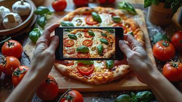 kvinna händer tar Foto av pizza på smartphone. mat leverans service. bloggare tar bild av utsökt pepperoni pizza på tabell, närbild. mat fotografi.