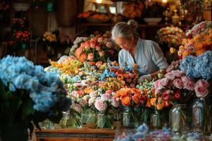 blomsterhandlare arrangera en bukett av skön färgrik blommor inuti henne blommig Lagra. koncentrerad mitten åldrig kvinna blomsterhandlare arbetssätt i blomma affär. foto