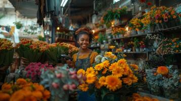 leende blomsterhandlare innehav en kort läsare bland vibrerande blommor i en livliga blomma affär foto