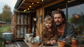 kärleksfull far och förtjusande dotter njuter tid tillsammans utanför rustik Hem foto