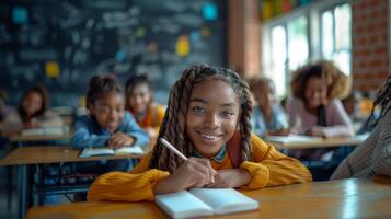 leende afrikansk flicka fokuserade på inlärning i en vibrerande klassrum miljö foto