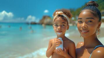 ung mor applicering Solskydd på dotter på tropisk strand, familj semester ögonblick foto