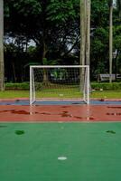 vattenpölar av vatten på de futsal fält mål efter regn. foto