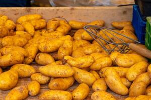 UPPTAGITS potatisar för försäljning i en låda foto