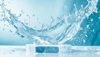 glas kristall podium med vatten stänk, produkt presentation foto