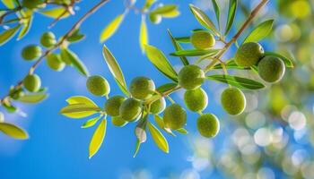 spanska oliv träd stänga upp av grön oliver på gren på solig dag, fångad i detalj foto