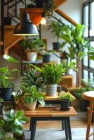 modern bondgård levande rum med trä- trappa, naturlig trä element, och grön växter foto