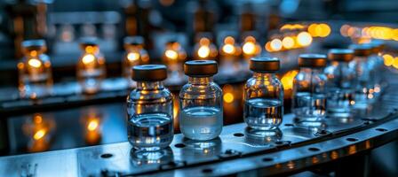 automatiserad transportband linje i farmaceutisk tillverkning anläggning med glas flaskor foto