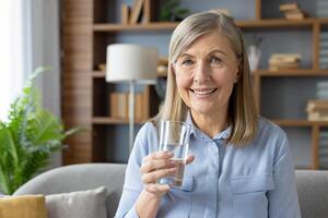 porträtt av Lycklig senior kvinna i blå skjorta ser på kamera medan höjning hand med glas av fortfarande vatten. positiv kvinna upprätthålla friska vanor och få flytande balans i levande rum. foto