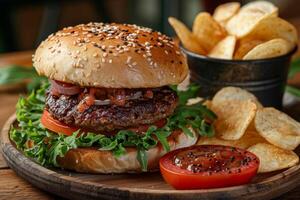 deconstructed hamburgare med komponenter anordnad runt om tallrik åtföljs förbi små hink av pommes frites för diy måltid begrepp. foto