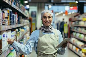 porträtt av en kvinna försäljare i en hijab, en försäljare i en hushåll kemikalier avdelning är leende och ser på de kamera, innehav en bärbar dator läsplatta dator i henne händer foto