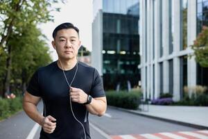 porträtt av en ung asiatisk sportsman man löpning utanför bär hörlurar, lyssnande till musik, allvarligt ser på de kamera. foto