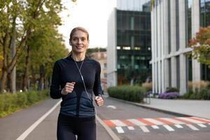 en motiverad kvinna joggare med en positiv attityd, löpning utomhus i de stad, sportslig hörlurar och kondition klädsel. foto