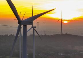 vind bruka fält och solnedgång himmel. vind kraft. hållbar, förnybar energi. vind turbiner generera elektricitet. hållbar utveckling. grön teknologi för energi hållbarhet. miljövänlig energi. foto