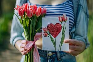 glitter röd hjärta kort hölls förbi kvinna med tulpaner, suddig bakgrund. romantisk gest begrepp foto