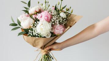 elegant hand innehav rosa och vit pion bukett med grönska, insvept i brun papper och guld sträng. foto