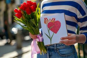 kvinna innehav glittrande röd hjärta kort med tulpaner, suddig bakgrund. romantisk tillfälle begrepp foto