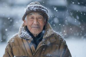 japansk farfar bär en tjock brun jacka står i de mitten av en fält täckt i tjock snö foto
