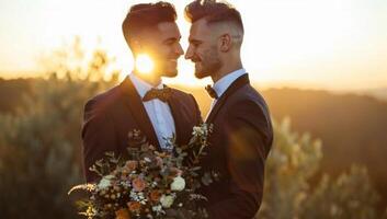 fotografi av två stilig ung män i smoking och rosett slips, innehav bröllop bukett på solnedgång, Gay par foto