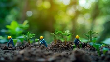 miniatyr- människor jordbrukare plantering träd i de trädgård med bokeh bakgrund säkerhet csr ansvar vänlig kol neutral foto