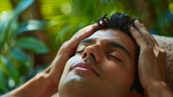 en man massage en lugnande blandning av oljor till hans tempel lättare de spänning och huvudvärk av en lång dag foto
