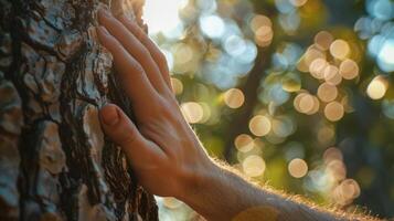 en hand når ut till Rör de grov texturerad bark av en höga ek träd. de personer ansikte är lugna och lugn som om Allt oro är smältande bort i detta ögonblick foto