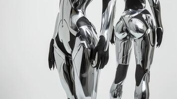 en metallisk silver- kroppsdräkt med skarp vinklar och överdriven axlar frammanande de bild av en kraftfull och Avancerad cyborg foto