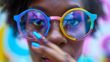 en kvinna försiktigt undersöker en par av överdimensionerad rundramad glasögon i en mängd av djärv färger foto