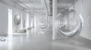 bakgrund en elegant och modern konst Galleri fylld med okonventionell konst installationer foto